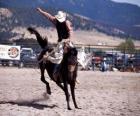 Rodeo - Rider στη σέλα bronc ανταγωνισμού, ιππασία ένα άγριο άλογο